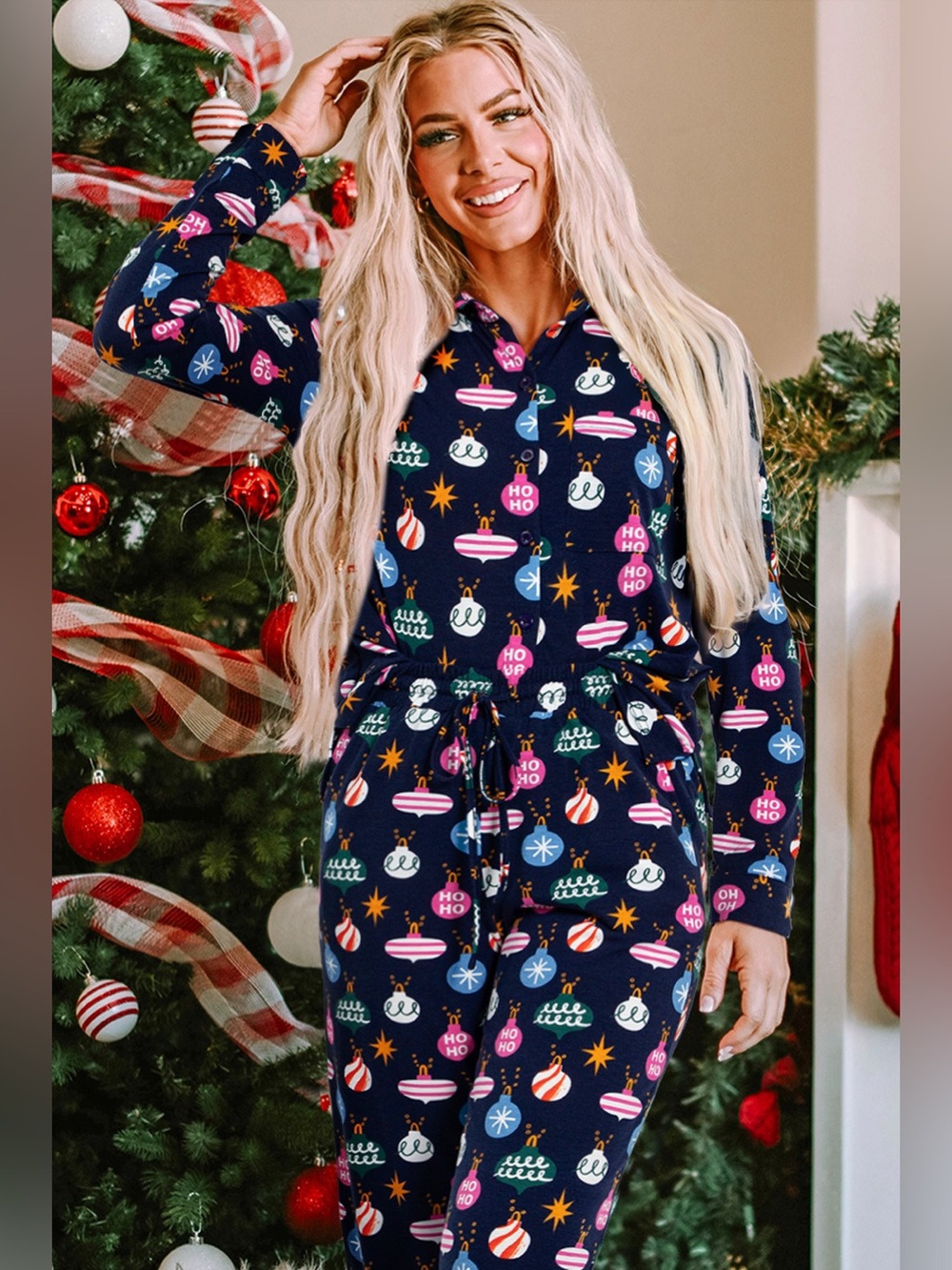 Christmas Lights Print Collared Neck Top and Pants Set